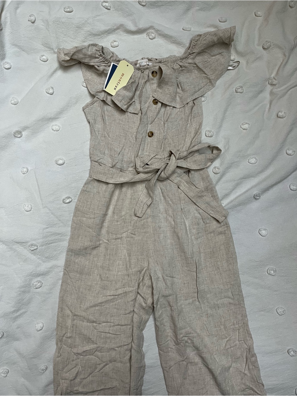 Monteau Beige Off-Shoulder Linen-Blend Jumpsuit with Self-Tie Waist